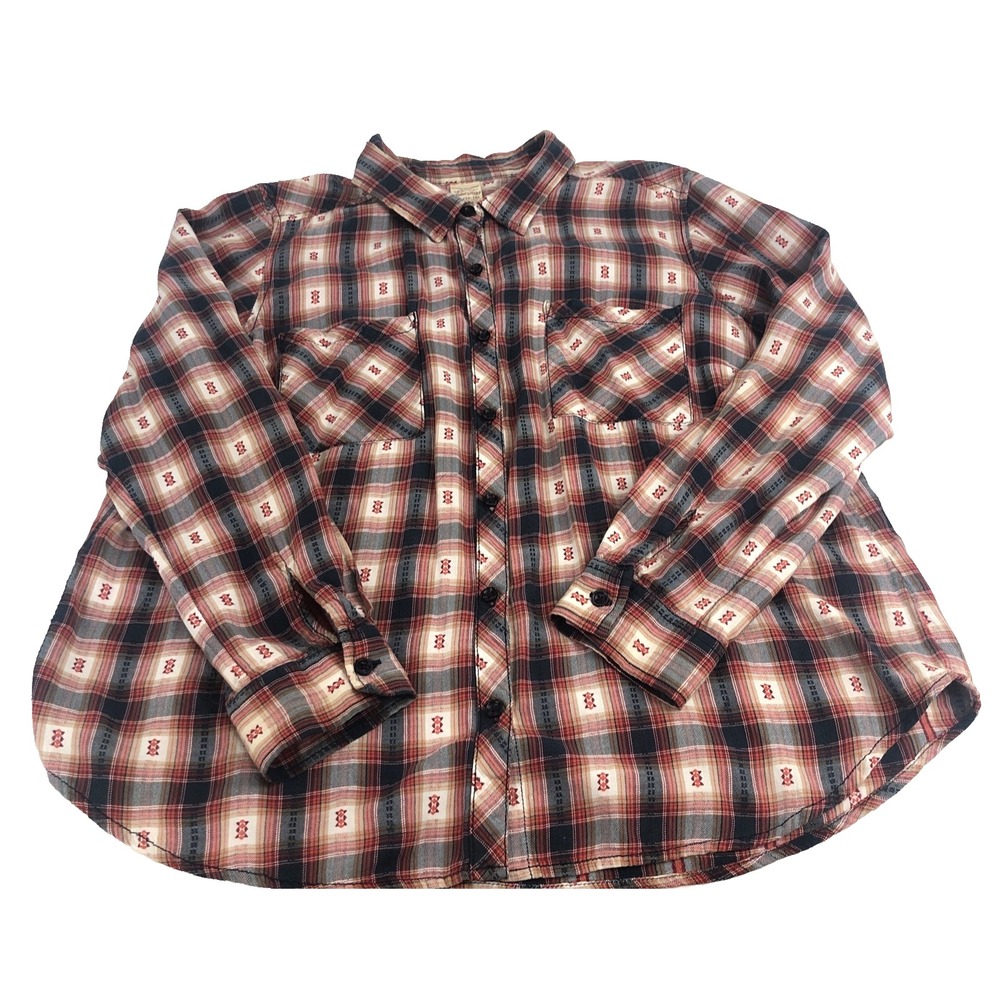 Vintage Faded Glory Women's Navajo Plaid Shirt XL Long Sleeve Pockets Red Blue